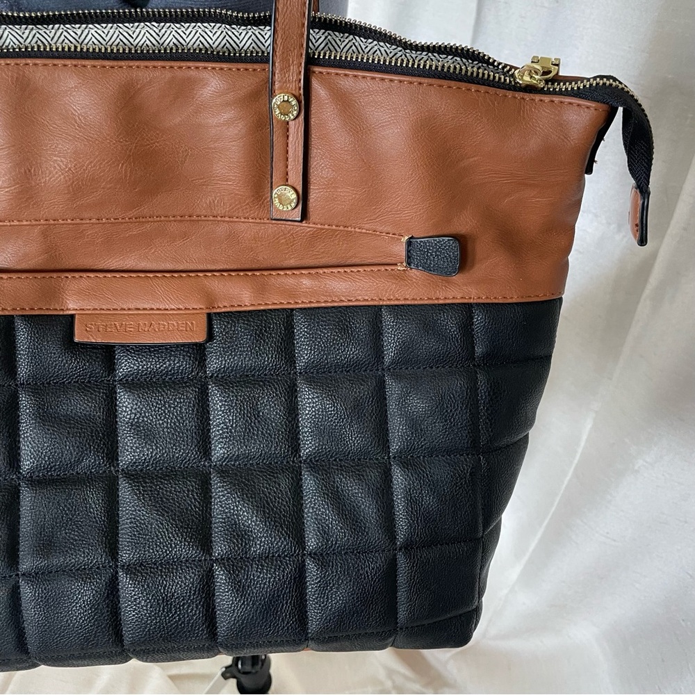 Steve Madden LG satchel + x-body SM purse 2pc set, black & tan square quilted